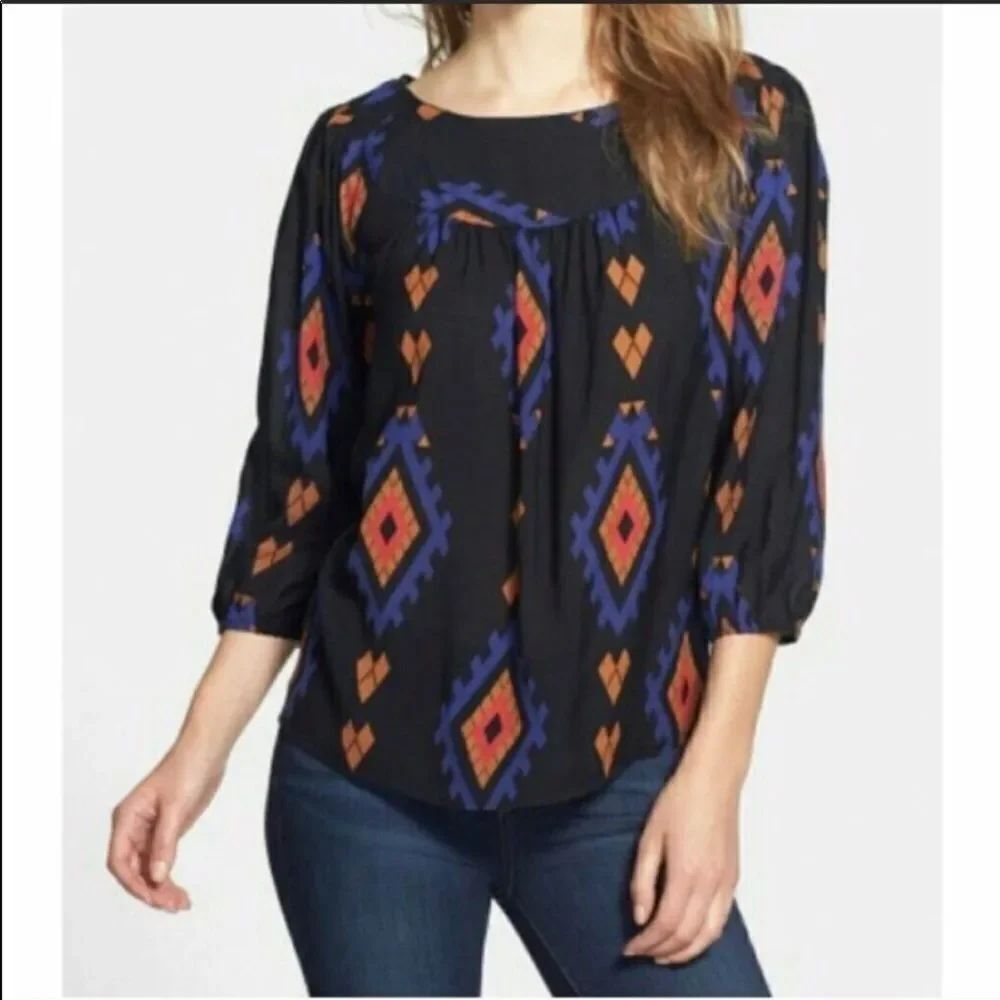 LUCKY BRAND | Amelia Peasant Top Tribal Print XS